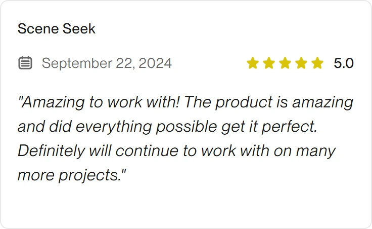 5.0 Upwork review for eclipt.ai: Scene Seek, September 22, 2024. "Amazing to work with! The product is amazing and did everything possible get it perfect. Definitely will continue to work with on many more projects."