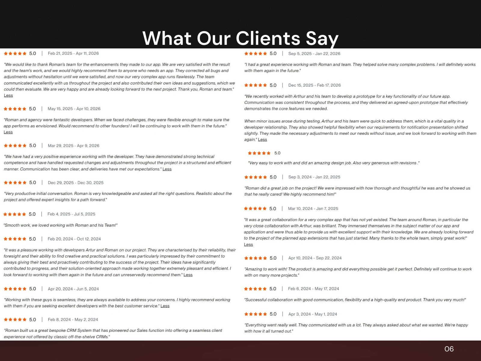 The full text of 16 five-star Upwork reviews for Roman's team at eclipt.ai